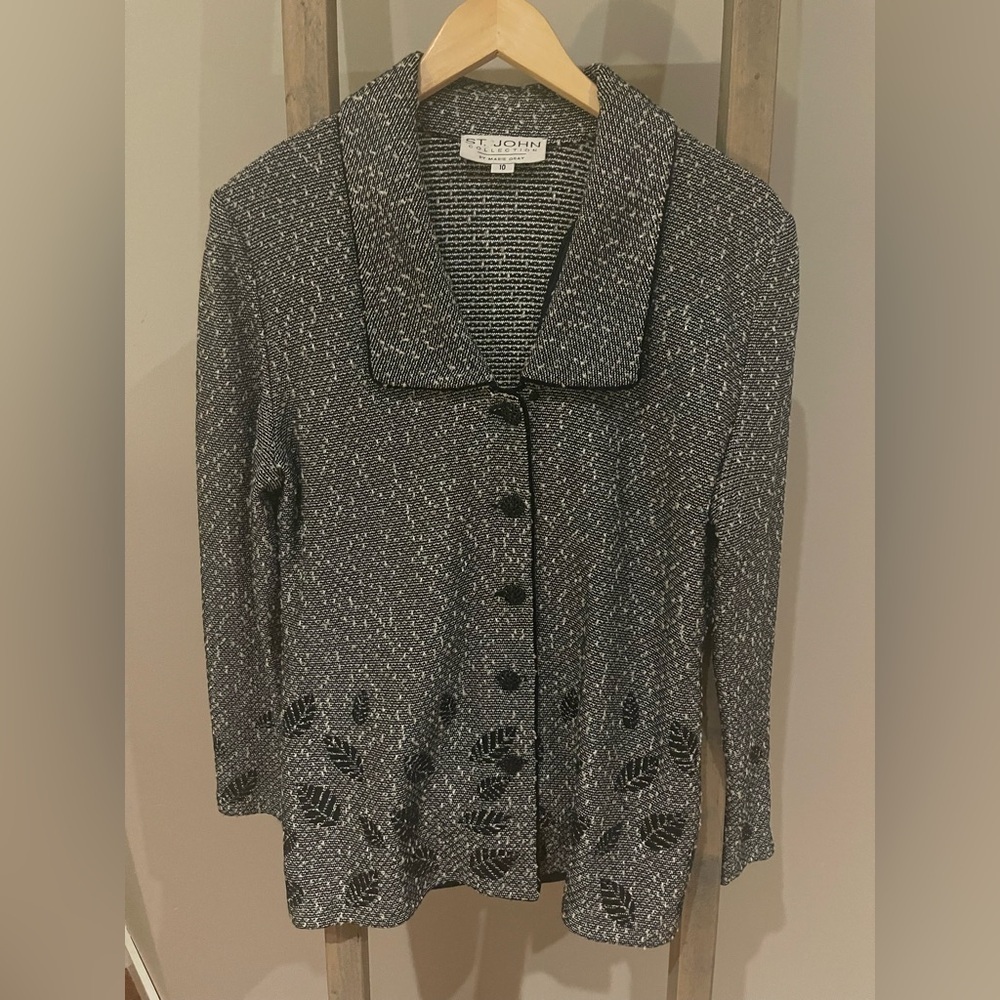 st.john BLAZER sweater cardigan jacket black white, leafs embroidered KNIT